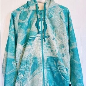 Scott Sports Hoodie Men Large Teal White All Over Print‎ Full Zip Fleece Jacket